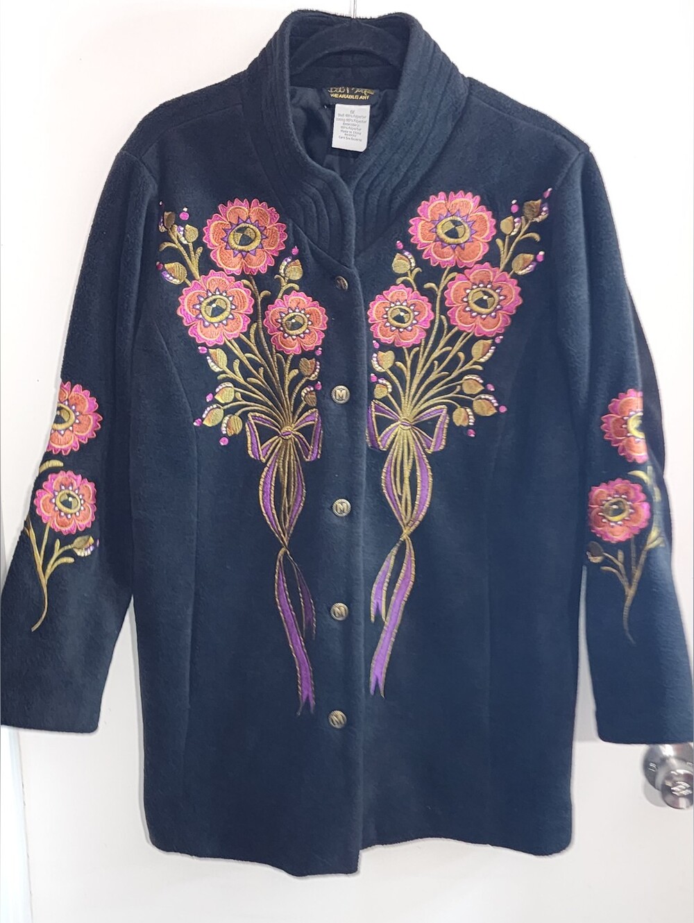Bob Mackie Boho VTG Embroidered Black Women's Button-Front Lined Fleece Jacket
